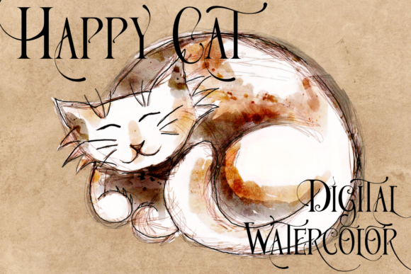 Happy Watercolor Cat Clipart PNG Overlay